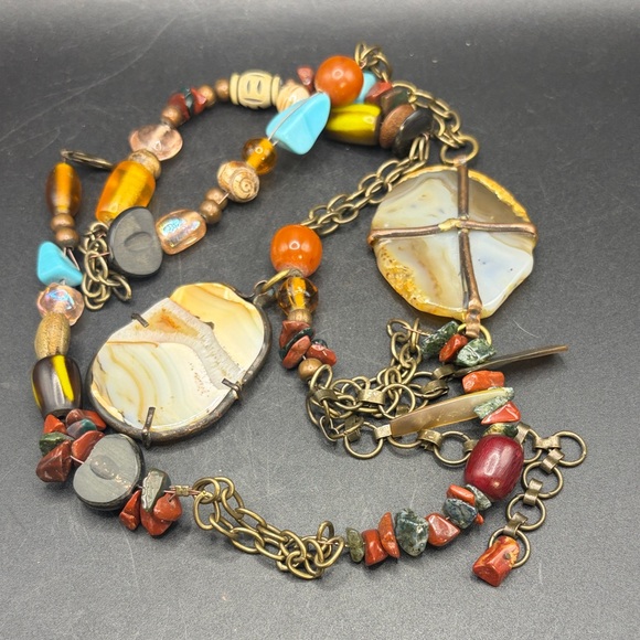 Boho Natural Stone Shell Bead Chain Chunky Necklace / Waist Belt Accessory